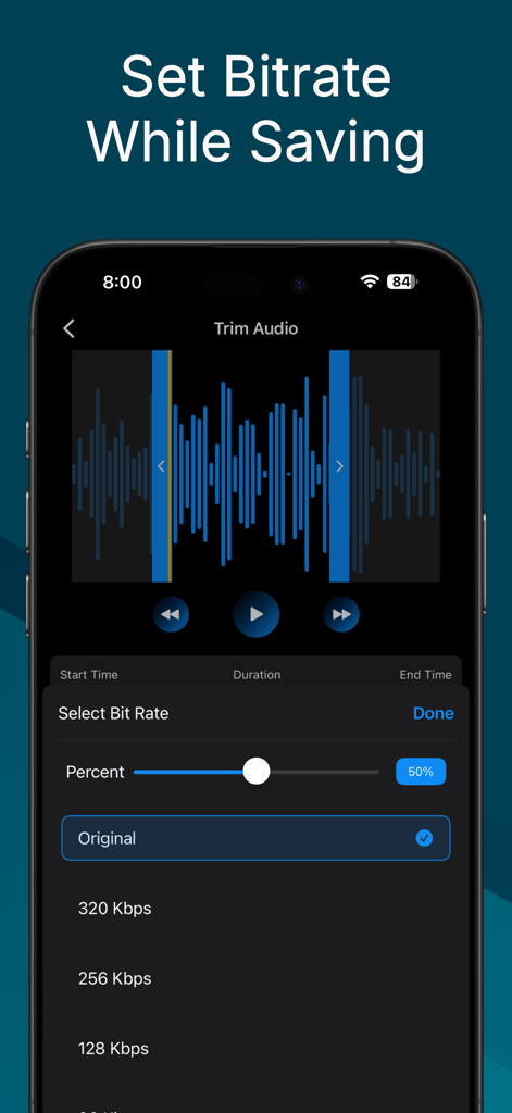 Audio Trimmer And Audio Joiner - Una pantalla de smartphone que muestra el menú de selección de tasa de bits en la aplicación Audio Trimmer and Joiner