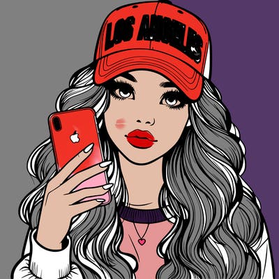 realistic beautiful girl wearing los ángeles cap holding an iphone