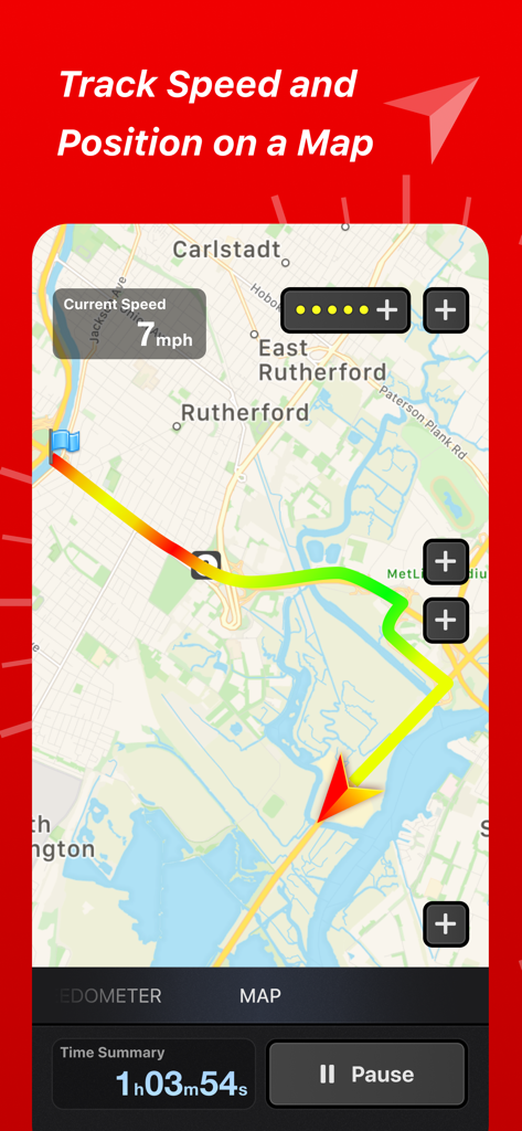 Speed Tracker app map interface displaying a tracked trip route with speed and time statistics
