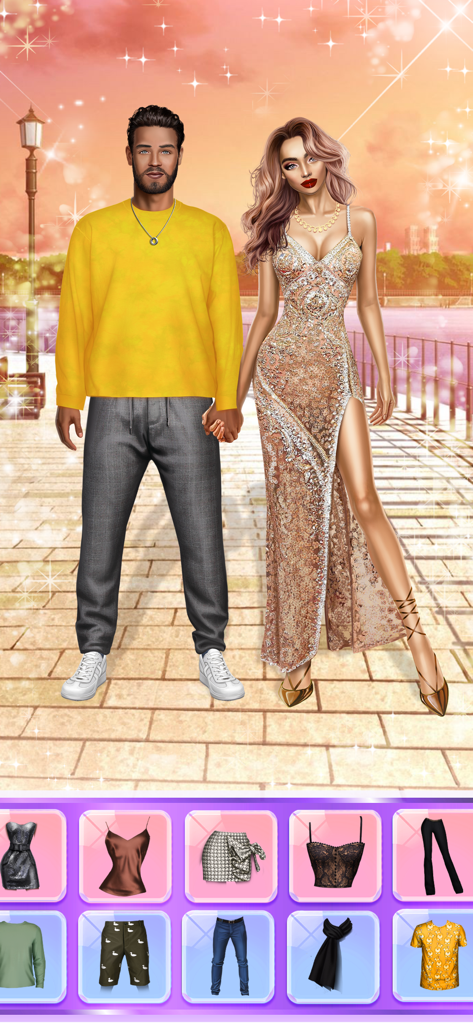 Celebrity Fashion Show Games - Una pareja de celebridades vestida con atuendos elegantes en un juego de cambio de imagen de moda