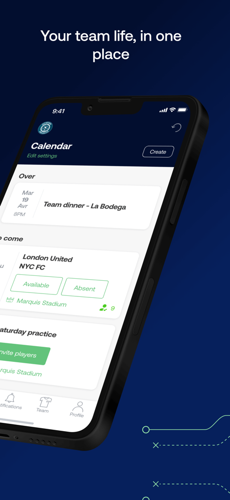 Interfaccia del calendario di squadra dell'app SportEasy che mostra calendari di partite e pulsanti di conferma di presenza per la disponibilità dei giocatori