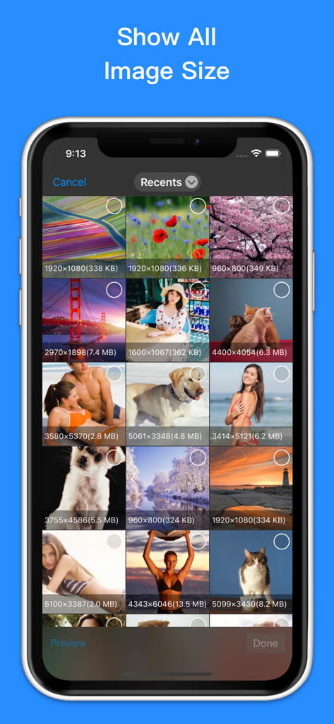 Photo Compress - Resize Image - Tela de aplicativo móvel exibindo uma galeria de fotos com suas dimensões e tamanhos de arquivo para seleção em lote.