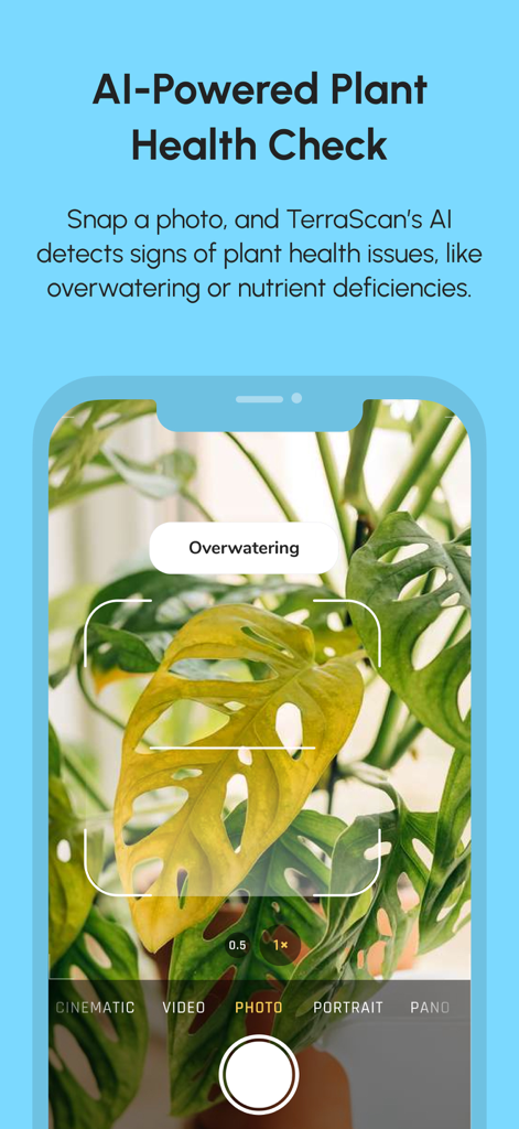 TerraScan: AI companion - Interfaz de la aplicación TerraScan mostrando un chequeo de salud de plantas impulsado por IA que identifica exceso de riego en una hoja amarilla de monstera.