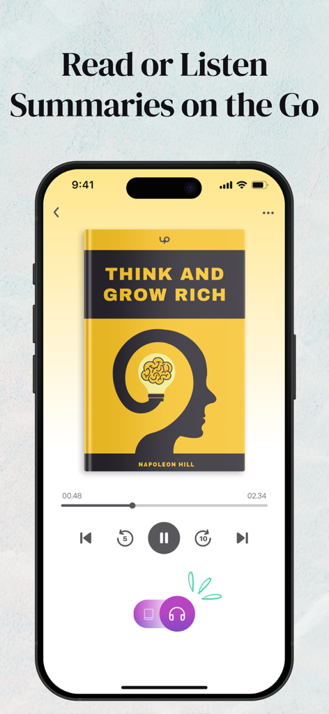 Pantalla de smartphone mostrando el reproductor de audio de la aplicación kitUP para un resumen de libro
