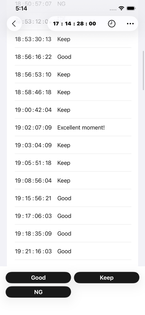Timecode Marker - A list of timecode markers with labels like Keep and Good on an iPhone screen.