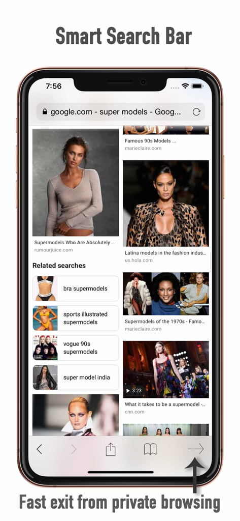 Private Browser - Secret Pages - An iPhone screenshot showing the Private Browser app with a smart search bar and a fast exit button for private browsing