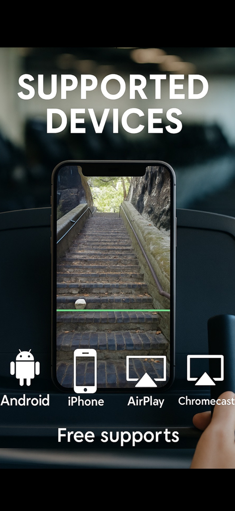 iPhone displaying a scenic mountain trail video with icons for Android, AirPlay, and Chromecast compatibility.