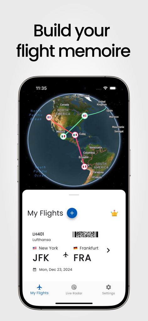 Flight Tracker app screen showing a 3D globe with flight history and JFK to FRA trip details