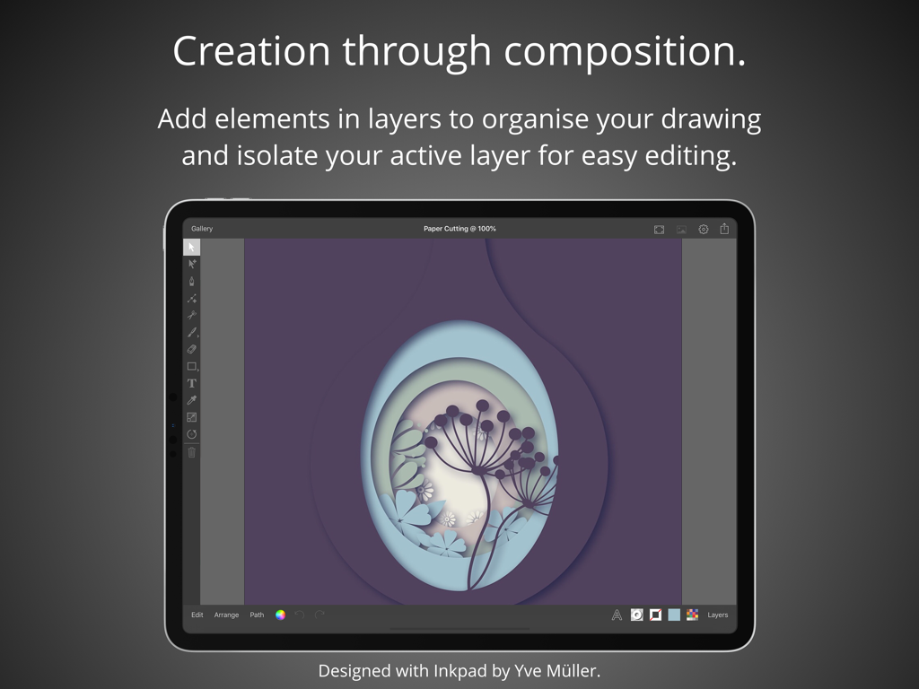 L'app di design grafico Inkpad su iPad mostra un'opera d'arte vettoriale stratificata in stile paper-cut.