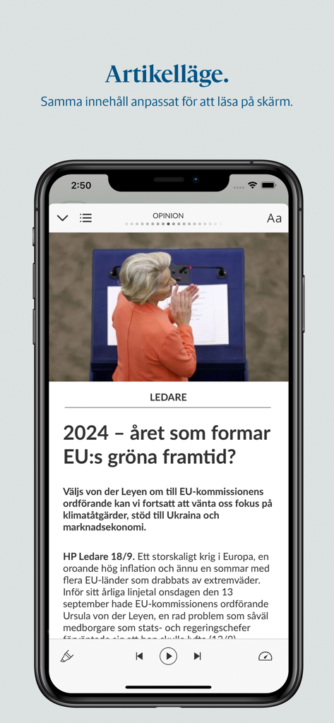 Hallandsposten e-tidning - Un smartphone que muestra un artículo de noticias sobre la UE en el modo de artículo de la aplicación Hallandsposten e-tidning