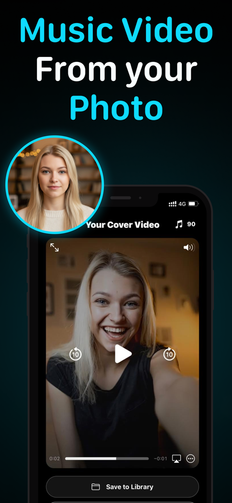 AI Song Generator - Songlify - Songlify app interface creating a music video from a portrait photo