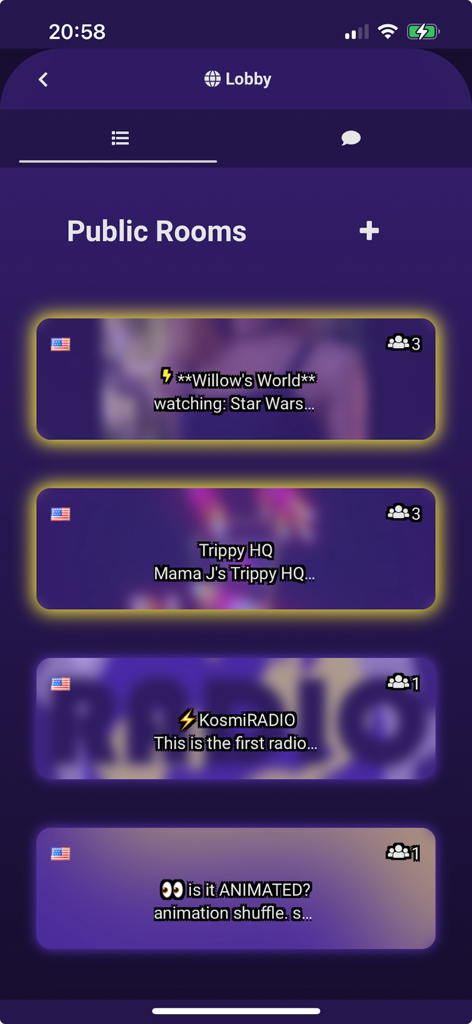Kosmi - Kosmi app lobby screen showing a list of public virtual rooms for shared entertainment