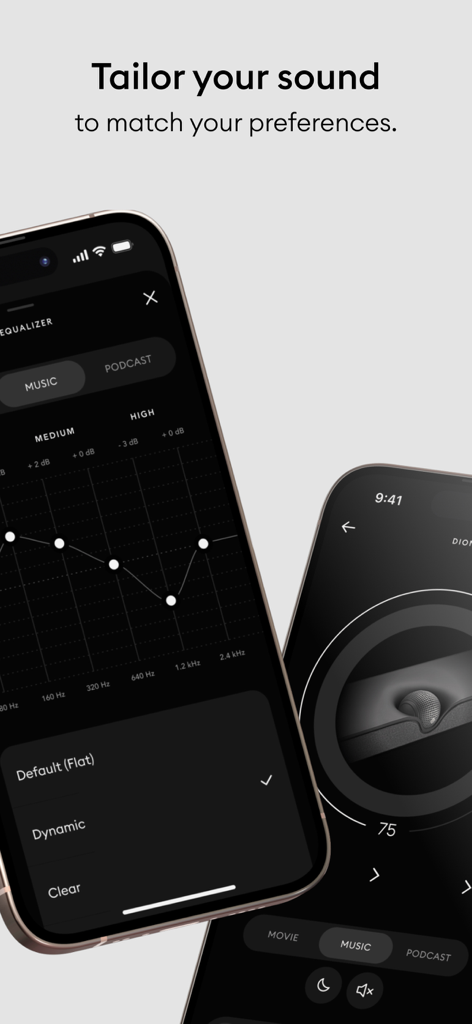 Devialet - Interface of the Devialet app displaying a customizable sound equalizer and volume control dial.