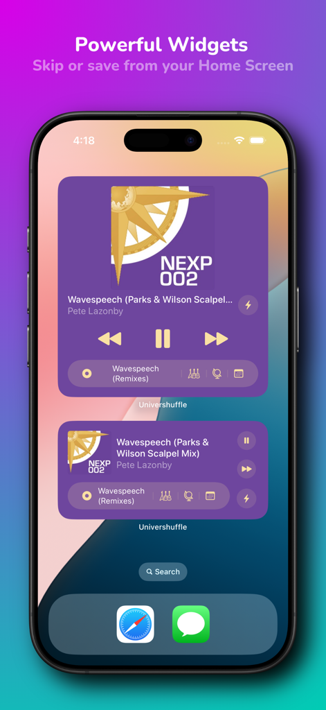Univershuffle: Discover Music - iPhone home screen showing interactive music widgets for the Univershuffle app.