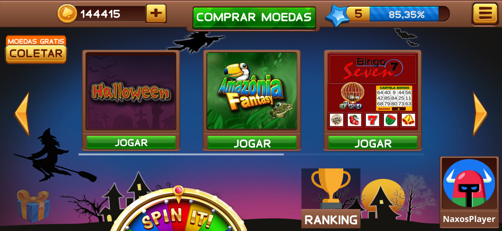 Halloween Caça Níquel - Main menu of the Halloween Caca Niquel app showing various slot and bingo game options.