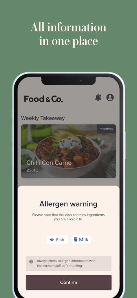 Serve by Food & Co. - La aplicación Serve by Food & Co. que muestra una advertencia de alérgenos para un elemento del menú.