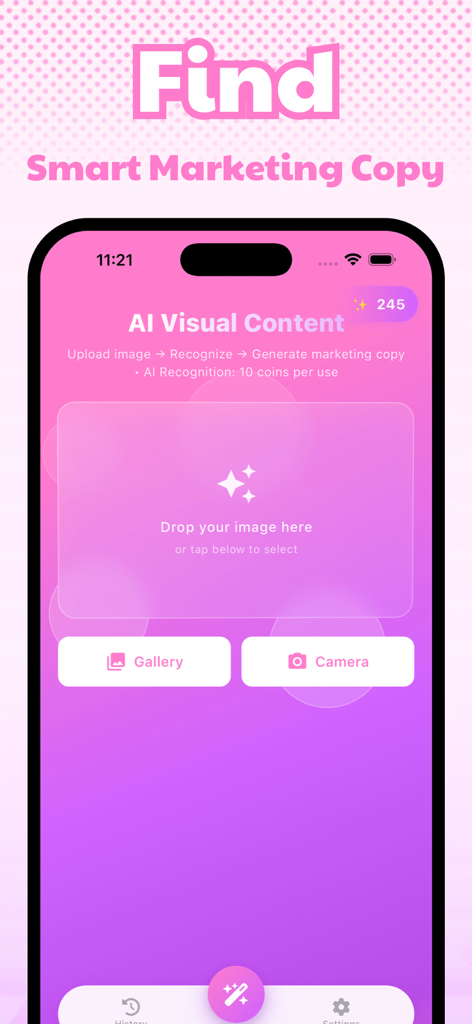 Pantalla de la aplicación Moner que muestra una herramienta visual de contenido IA para subir imágenes y generar copias de marketing