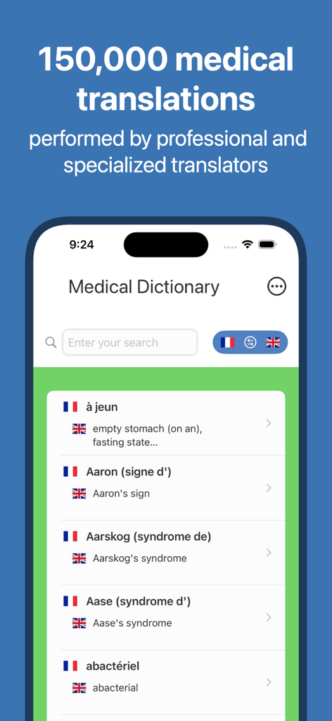Interfaz de la aplicación de diccionario médico que muestra traducciones del francés al inglés para términos médicos profesionales