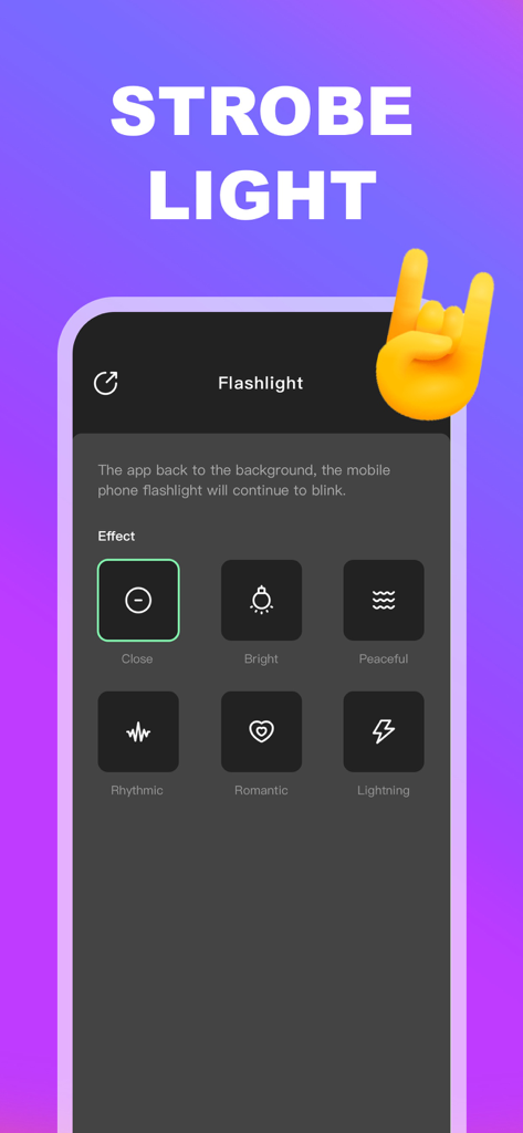 Interfaz de la aplicación LED Banner que muestra efectos de luz estroboscópica y linterna rítmica
