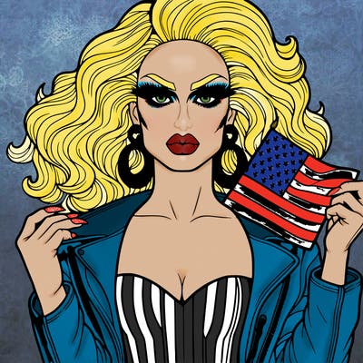 a drag queen with clothes with an american flag realistic