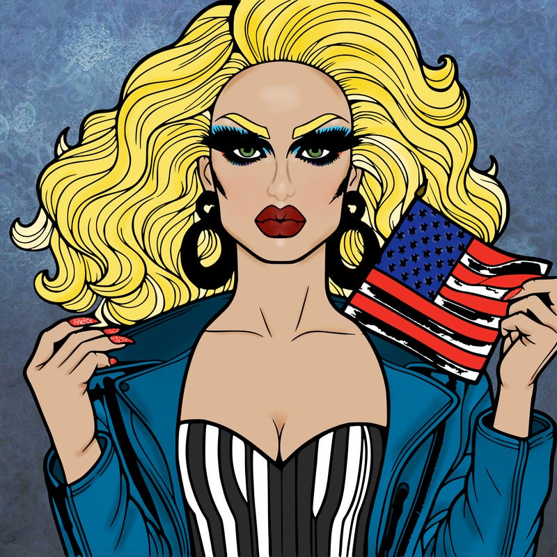 a drag queen with clothes with an american flag realistic