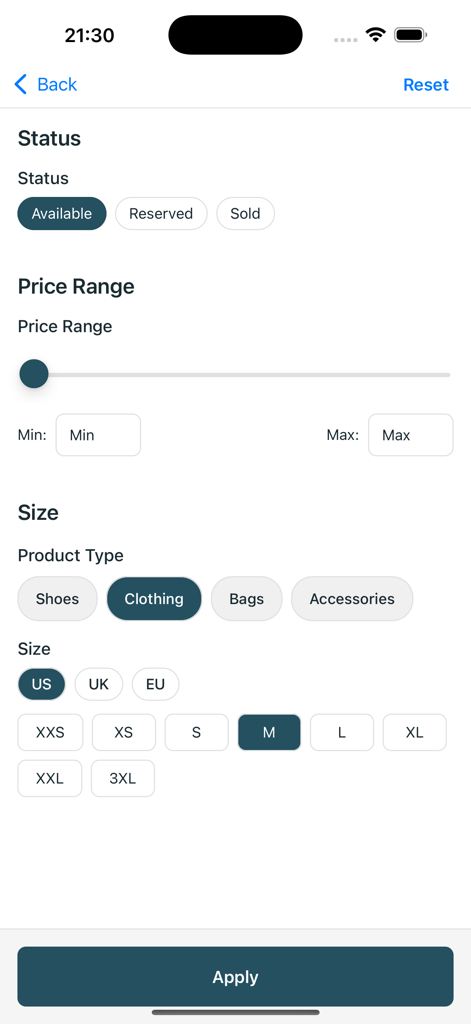 Cachet App - Mobile App-Oberfläche mit Suchfiltern für Preisspanne, Produkttyp und Kleidergröße