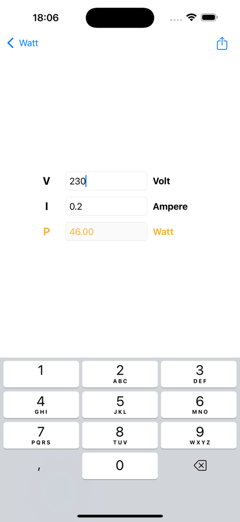Interfaz de la aplicación calculadora de potencia Watt que muestra un cálculo de vatios a partir de voltios y amperios.