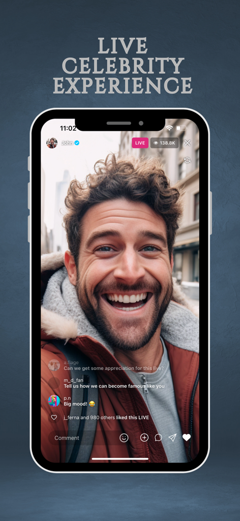 Fame Simulator - Una pantalla de transmisión en vivo simulada en la aplicación Fame Simulator con más de 138 mil espectadores e interacciones de fans.
