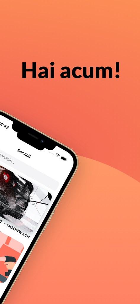 Iasi Delivery - Smartphone displaying the services section of the Iasi Delivery app against an orange background with the text Hai acum