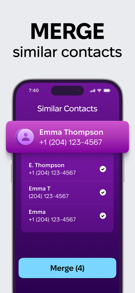 CleanMy®Phone: Cleanup Storage - Interfaz de la aplicación CleanMyPhone mostrando cómo fusionar entradas de contactos similares en una sola