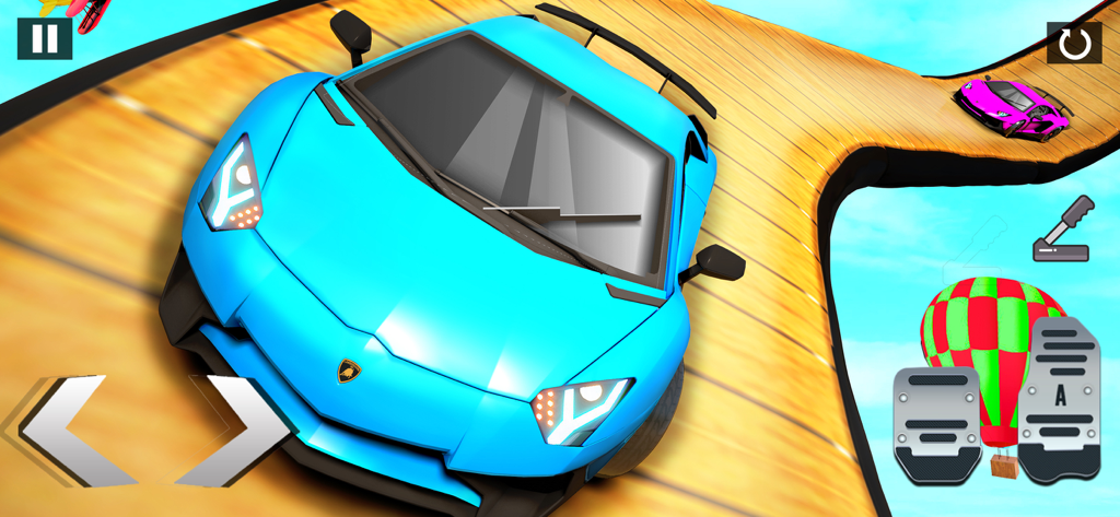 Drift Race Car Driving Games - A blue supercar performing stunts on a high altitude wooden mega ramp with on-screen driving controls