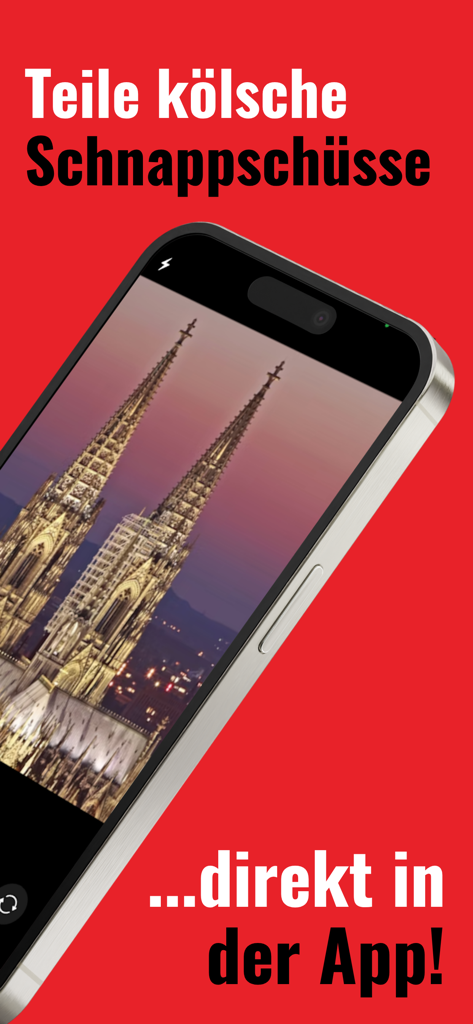 EXPRESS – Cologne News & Sport - A smartphone showing a photo of the Cologne Cathedral with text inviting users to share snapshots in the EXPRESS app