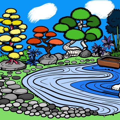 a serene zen garden with raked gravel, bonsai trees, and tranquil ponds