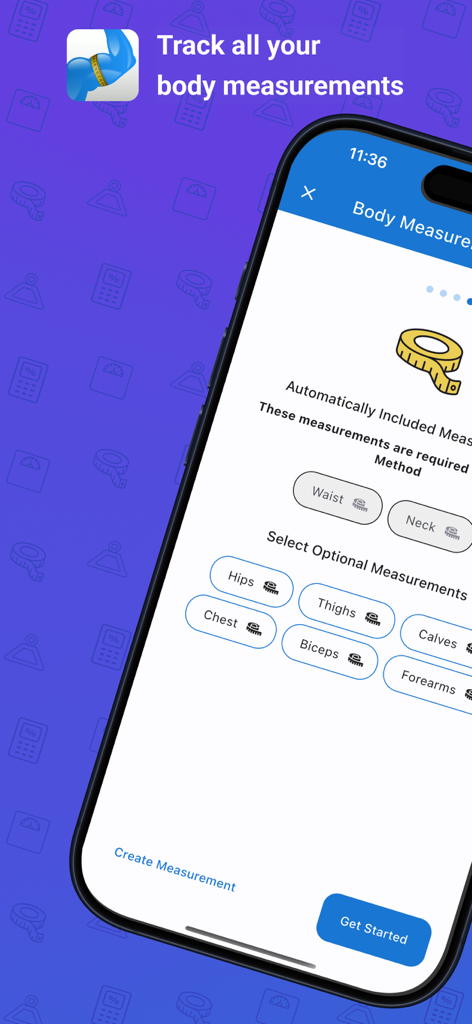Body Measurement & BMI Tracker - Interface of the Body Measurement and BMI Tracker app showing options to select and track measurements for various body parts like waist neck hips and biceps
