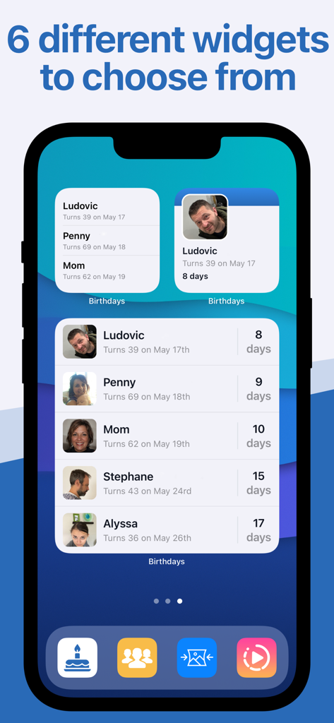 Schermata dell'iPhone che mostra diversi widget di promemoria compleanni e conto alla rovescia sulla schermata principale
