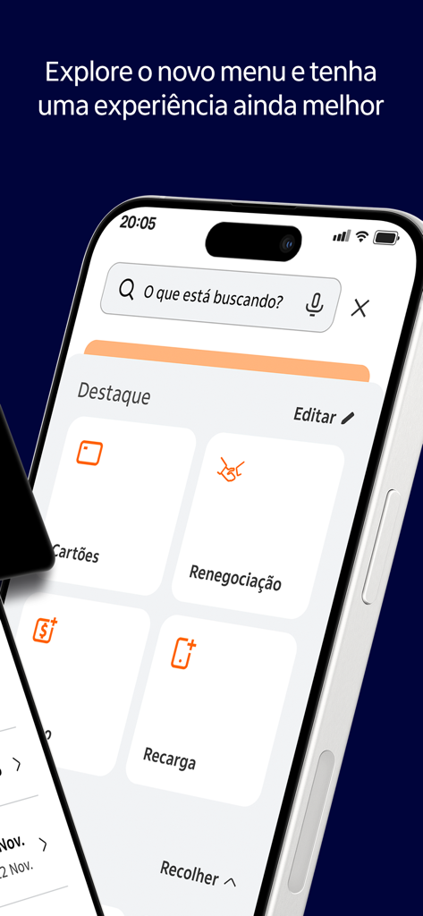 Pantalla móvil mostrando la interfaz de la aplicación Itaú Personnalité con una barra de búsqueda y servicios destacados como tarjetas y renegociación