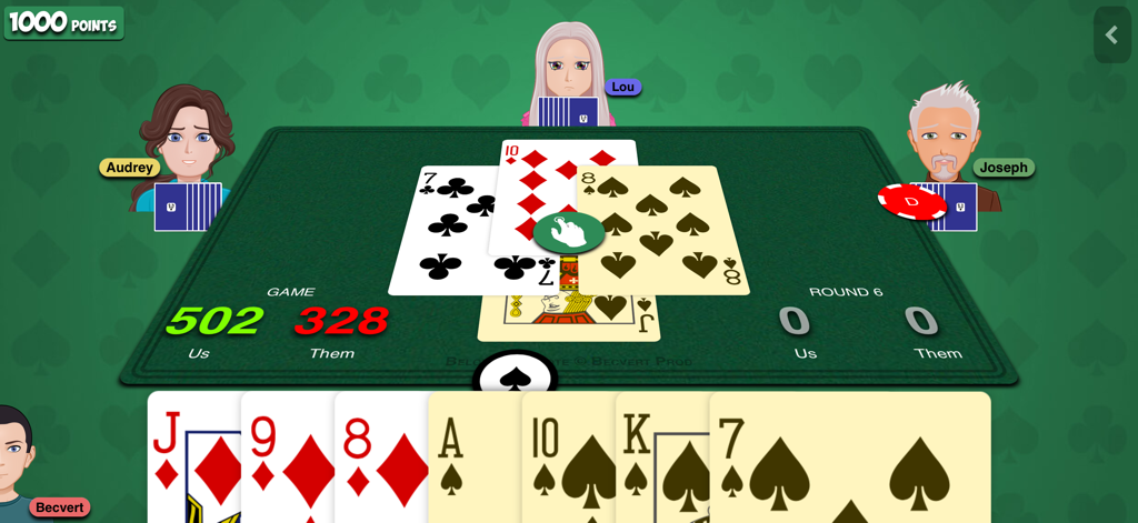 Interface du jeu Belote multijoueur affichant les cartes et les scores des joueurs sur une table verte