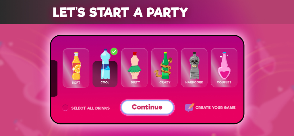 Spin the Bottle! play ’n kiss - Spin the bottle app interface showing game modes like soft cool dirty crazy hardcore and couples