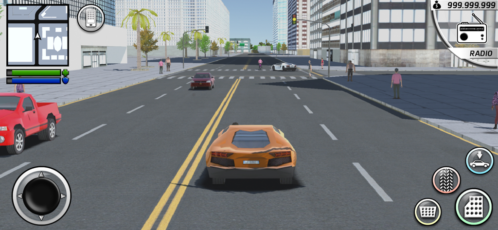 市街地を走るオレンジ色のスポーツカーが登場する、『グランド・ハイスト・オンライン』の三人称視点のドライビング・ゲームプレイ