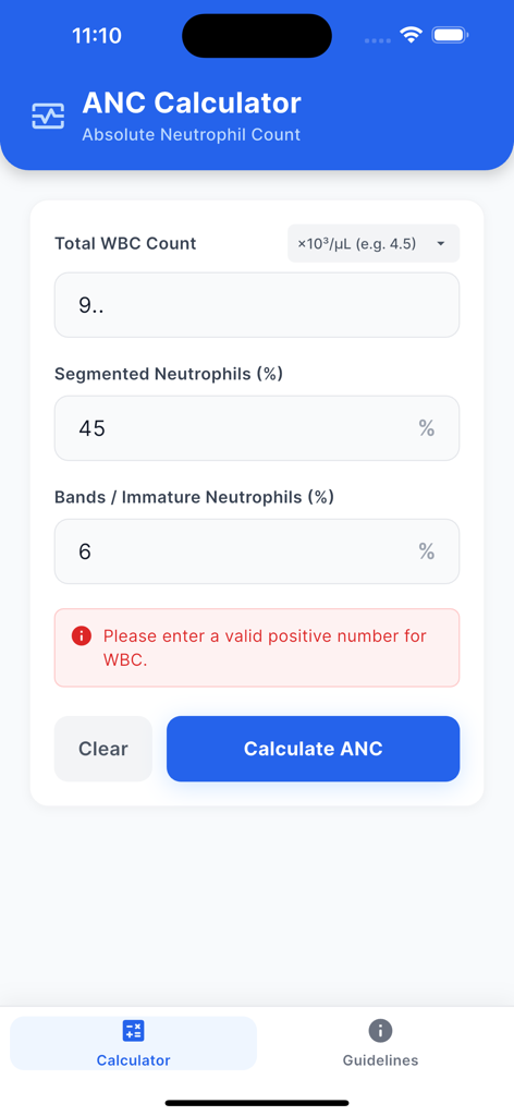 Absolute Neutrophil Count Calc - Absolute Neutrophil Count Calculator mobile app interface showing input fields for WBC and neutrophil counts