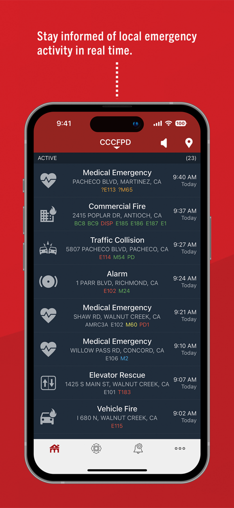 Smartphone screen showing a real time list of local emergency incidents like fires and medical emergencies in the PulsePoint Respond app