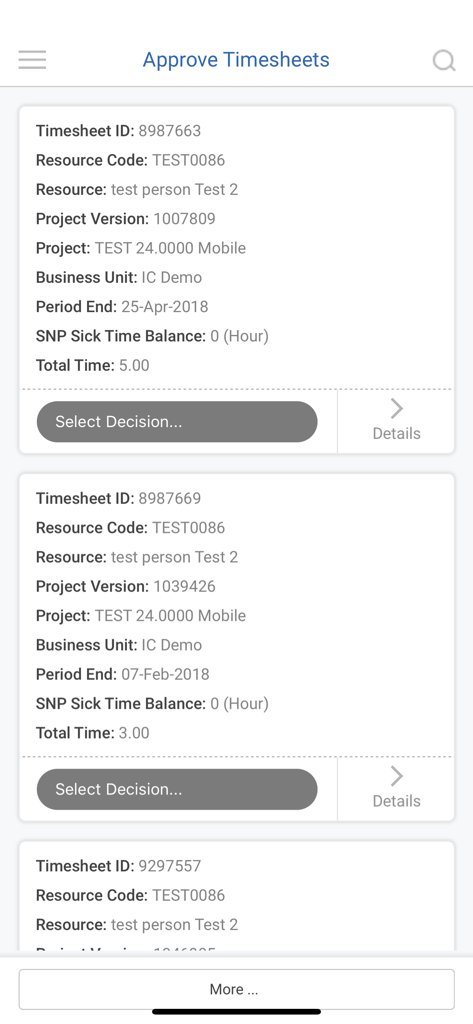 Workforce Logiq Mobile app interface for approving worker timesheets showing detailed project and hours information.