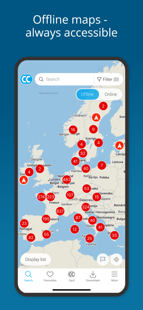 CampingCard ACSI app map interface showing thousands of campsite locations across Europe in offline mode