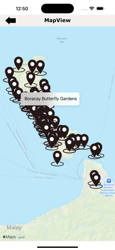 Boracay - Island Guide - Map view of Boracay island showing multiple attraction pins including the Boracay Butterfly Gardens