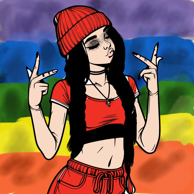 realistic teenage girl with braids and a beanie and crop top doing 🫶🏼