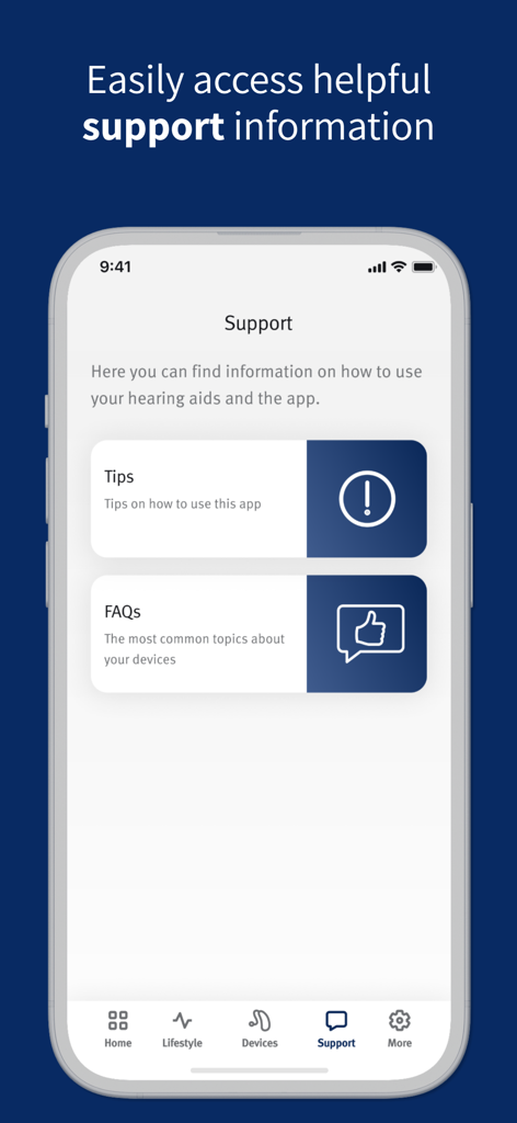 The support screen of the Hearing Remote app displaying sections for tips and frequently asked questions.