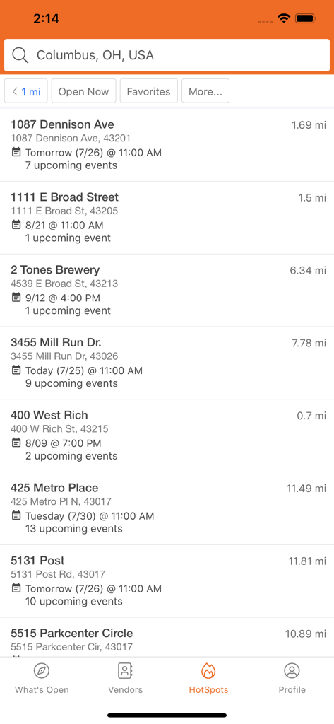 StreetFoodFinder - StreetFoodFinder app screen showing a list of food truck hotspots and upcoming events in Columbus Ohio