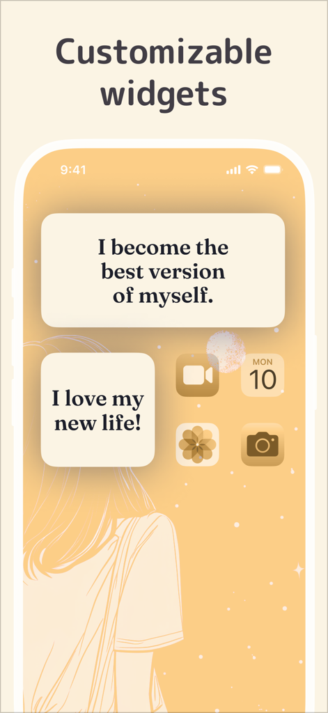 Vision Board Perfectly Happy - ポジティブなアファメーションが表示されたカスタマイズ可能なビジョンボードウィジェットを示すスマートフォンのホーム画面。