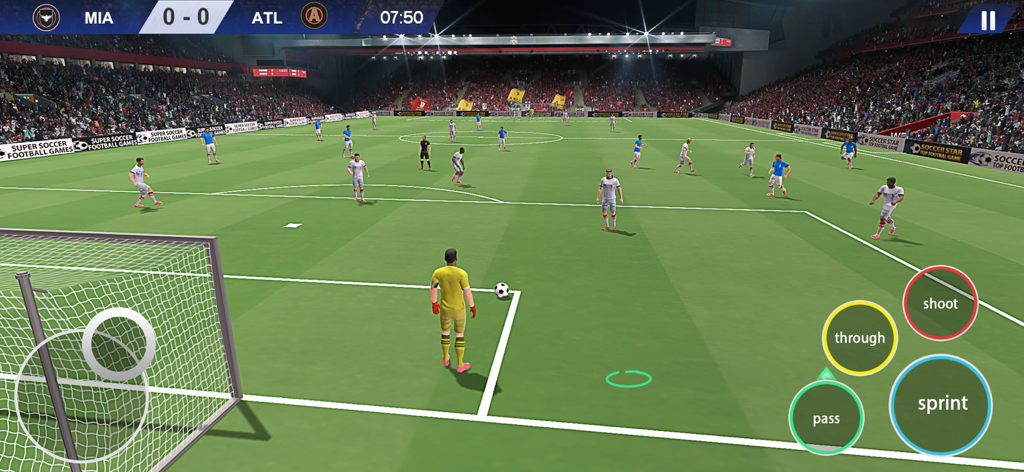 Soccer League Football Strike - Vista del juego Soccer League Football Strike con un jugador con camiseta amarilla en un campo de fútbol con controles táctiles móviles