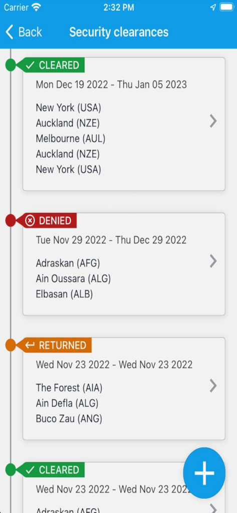 The security clearances screen of the Electronic Travel Advisory app showing a list of travel statuses including cleared, denied, and returned for various international locations.